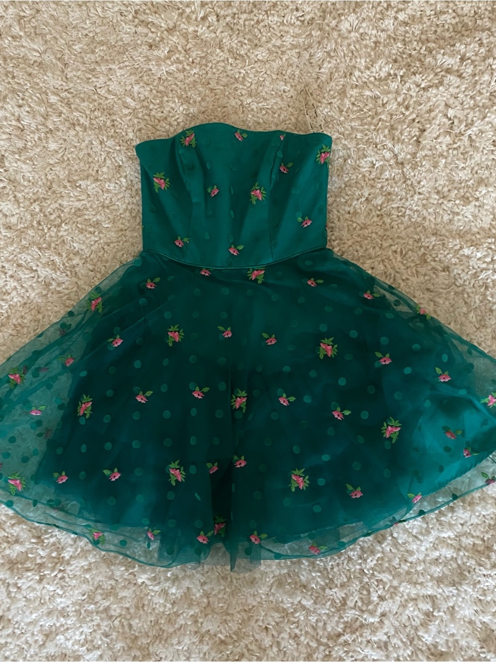 Betsey Johnson Evenings Vintage Green Floral Polkadot Tulle Strapless Dress - Picture 1 of 4